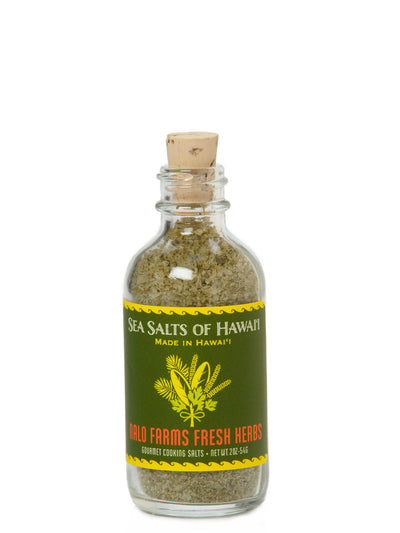 Pure Hawaiian Sea Salt with fresh farm grown herbs in 2oz glass bottle