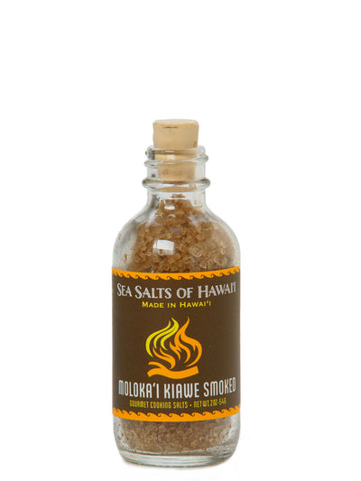 Hawaiian Sea Salt smoked with Molokai Grown Kiawe Wood in 2oz bottle